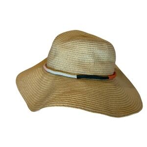 Target Sun Hat‎ Women's OS Tan Straw Wide Brim Multi Color Cord Trim Boho Beach